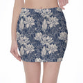 White And Blue Lotus Flower Print Pencil Mini Skirt