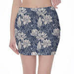 White And Blue Lotus Flower Print Pencil Mini Skirt