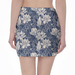 White And Blue Lotus Flower Print Pencil Mini Skirt