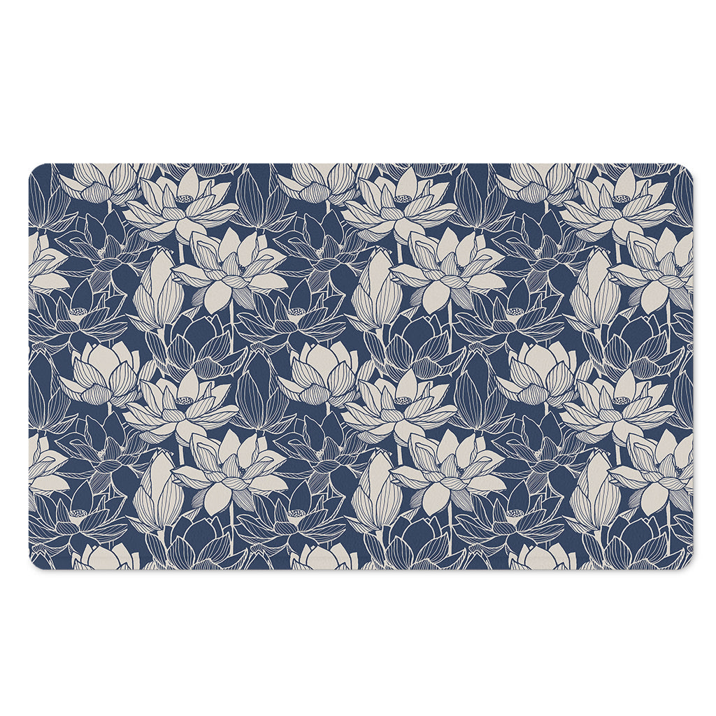 White And Blue Lotus Flower Print Polyester Doormat