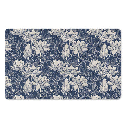 White And Blue Lotus Flower Print Polyester Doormat