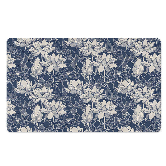White And Blue Lotus Flower Print Polyester Doormat