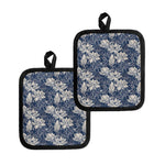 White And Blue Lotus Flower Print Pot Holders