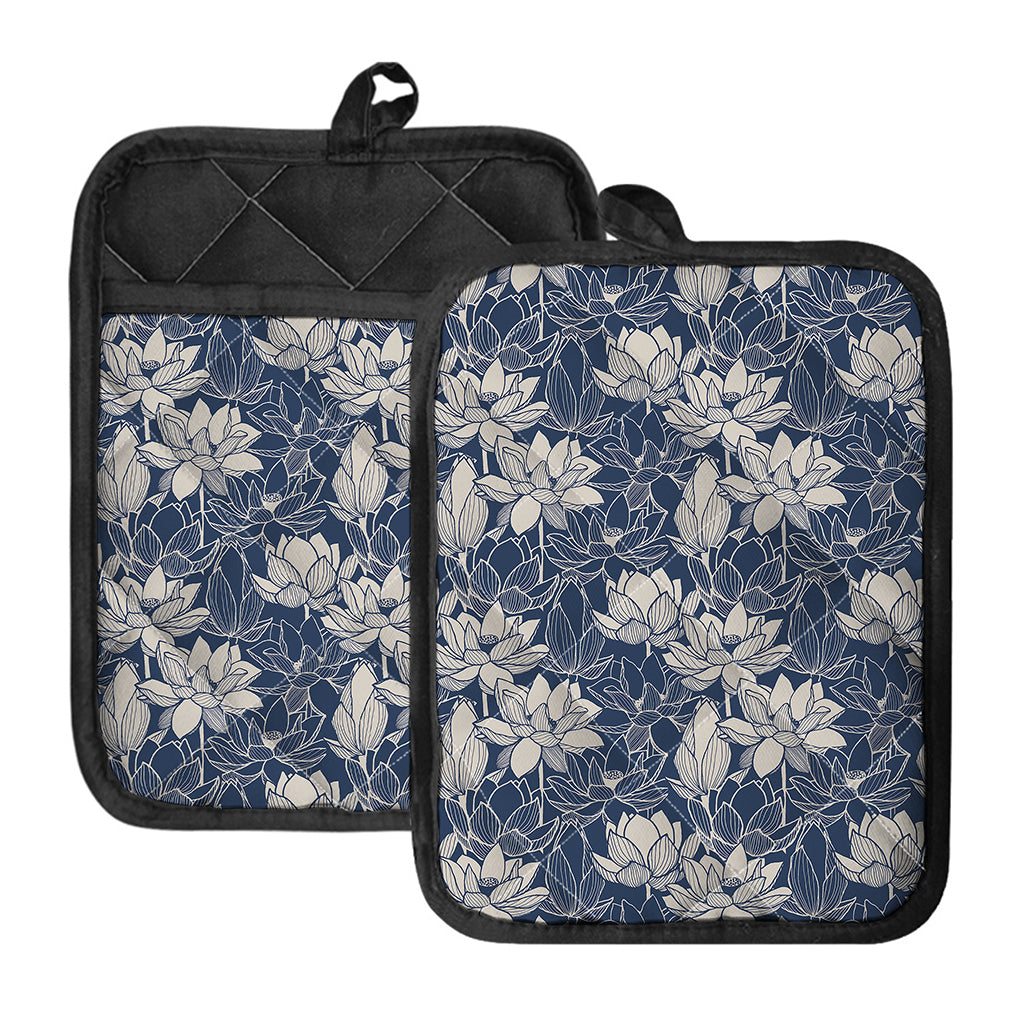 White And Blue Lotus Flower Print Pot Holders With Pocket