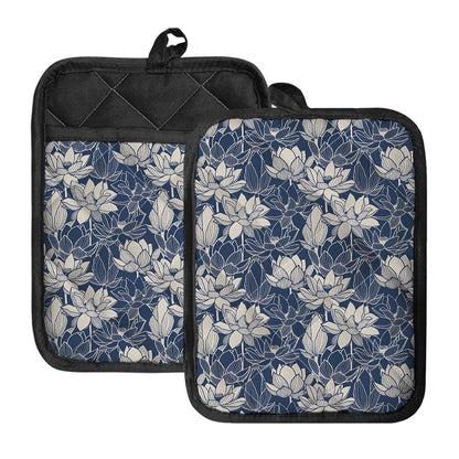 White And Blue Lotus Flower Print Pot Holders With Pocket