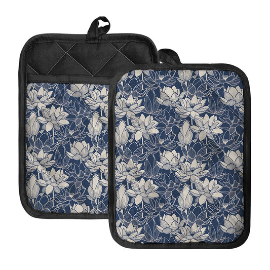 White And Blue Lotus Flower Print Pot Holders With Pocket