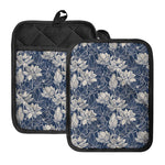 White And Blue Lotus Flower Print Pot Holders With Pocket