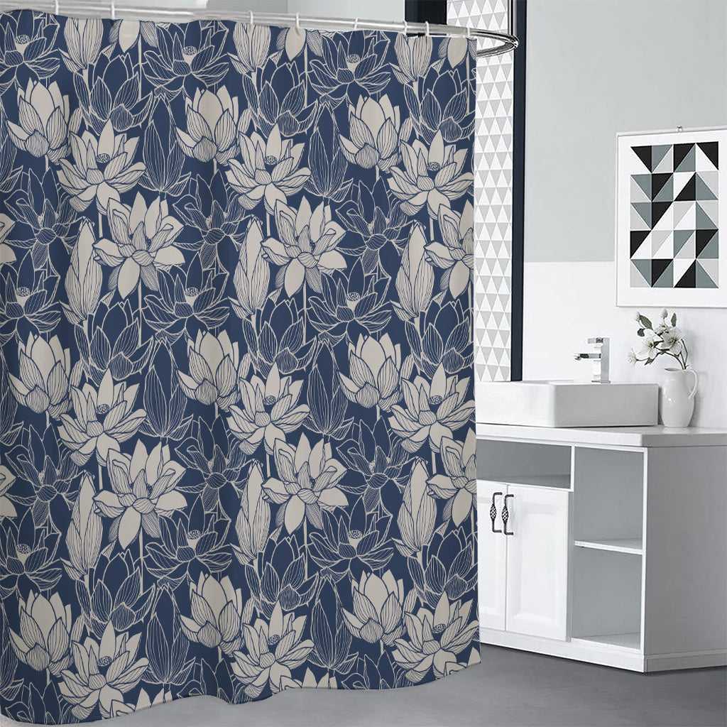 White And Blue Lotus Flower Print Premium Shower Curtain