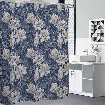 White And Blue Lotus Flower Print Premium Shower Curtain