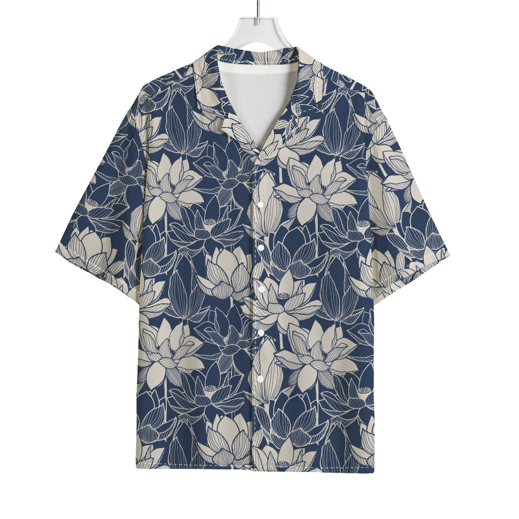 White And Blue Lotus Flower Print Rayon Hawaiian Shirt