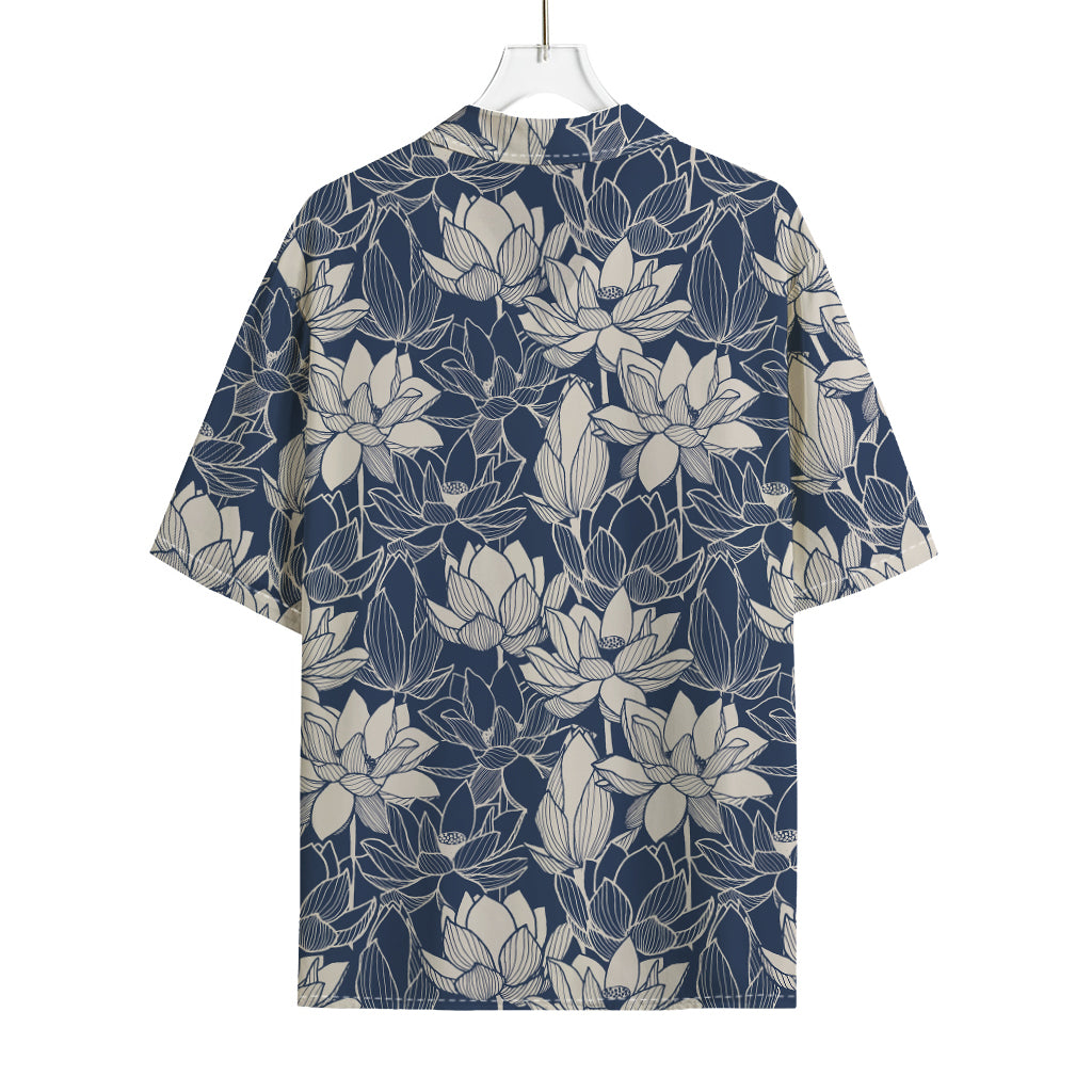 White And Blue Lotus Flower Print Rayon Hawaiian Shirt