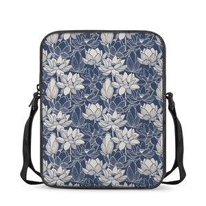 White And Blue Lotus Flower Print Rectangular Crossbody Bag