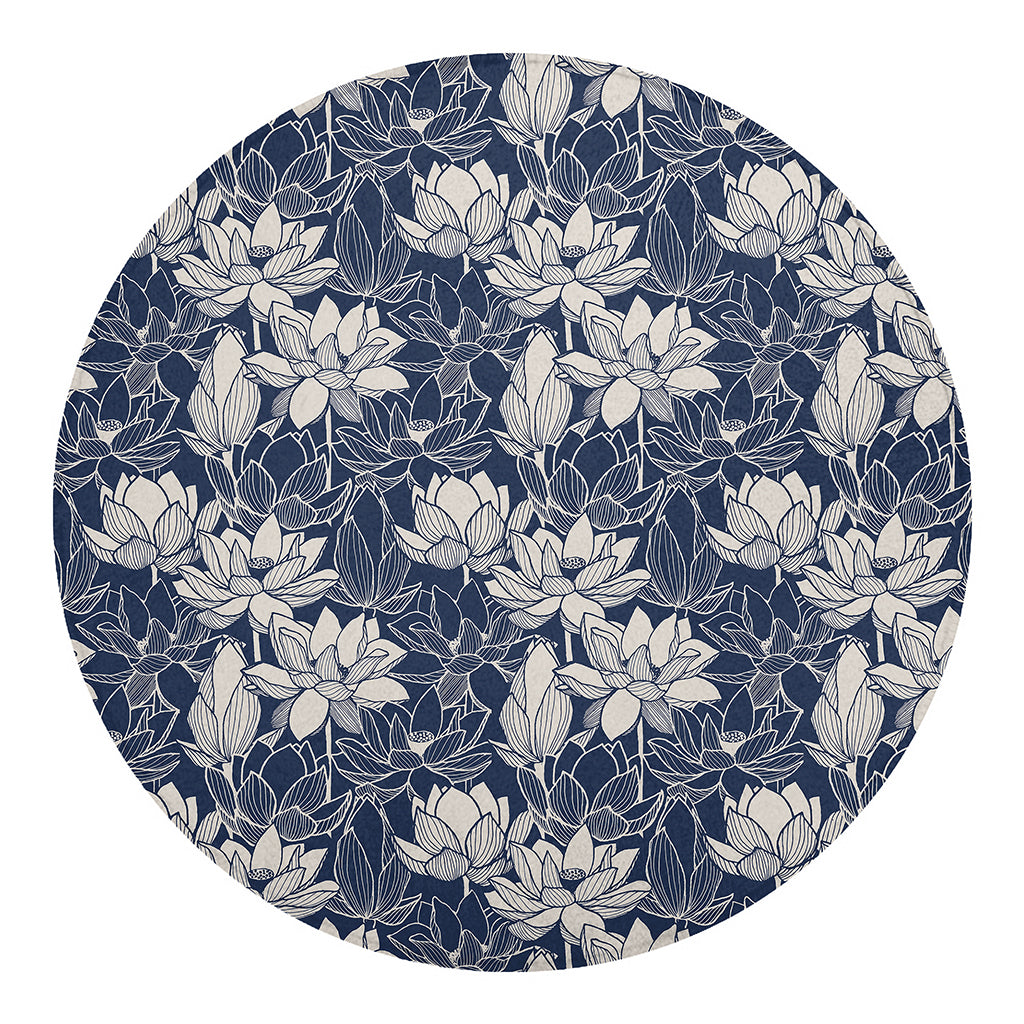 White And Blue Lotus Flower Print Round Blanket