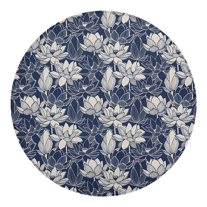 White And Blue Lotus Flower Print Round Blanket