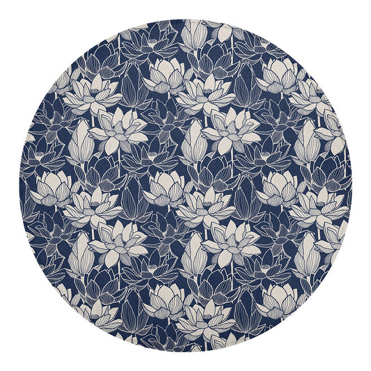 White And Blue Lotus Flower Print Round Blanket
