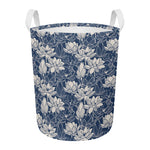 White And Blue Lotus Flower Print Round Laundry Basket