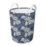 White And Blue Lotus Flower Print Round Laundry Basket