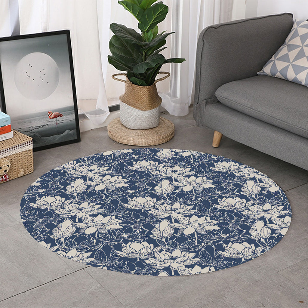 White And Blue Lotus Flower Print Round Rug