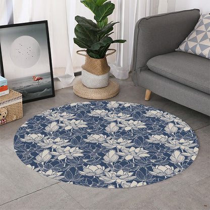 White And Blue Lotus Flower Print Round Rug