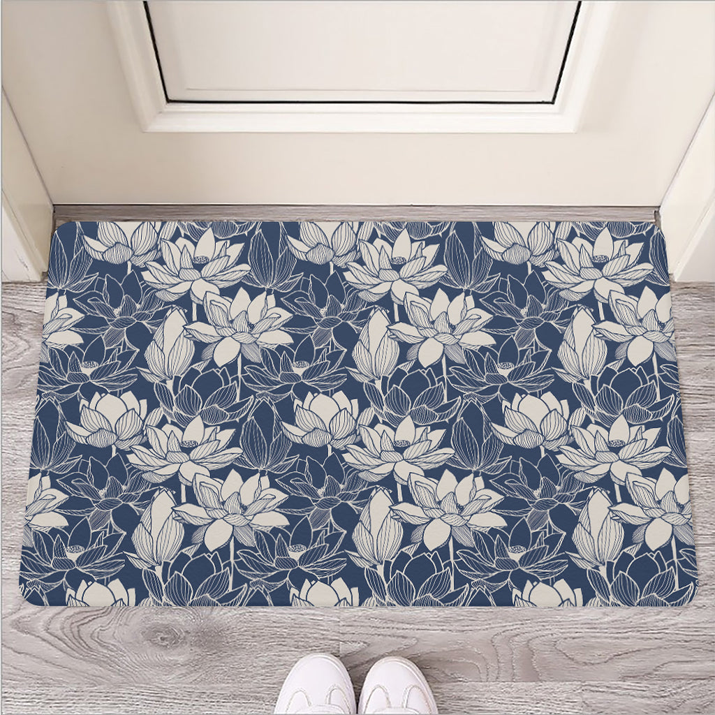 White And Blue Lotus Flower Print Rubber Doormat