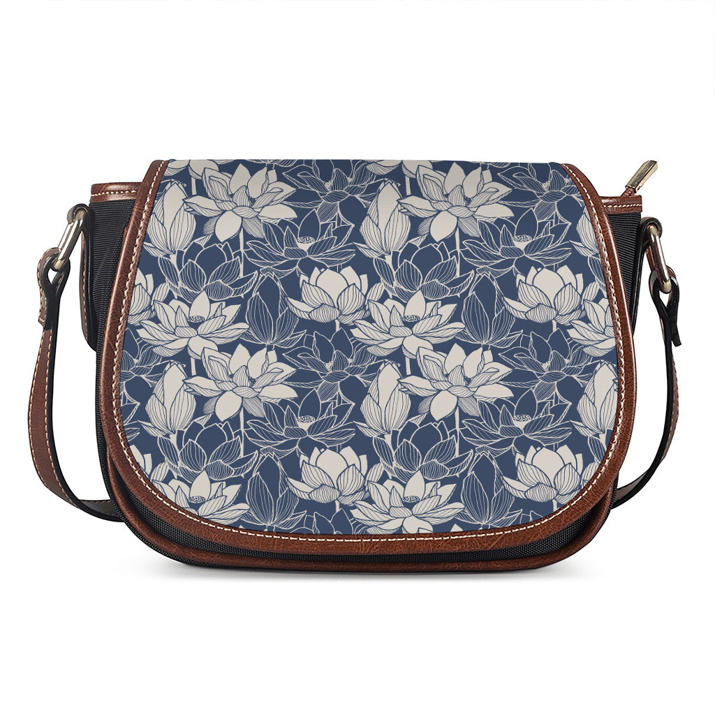 White And Blue Lotus Flower Print Saddle Bag