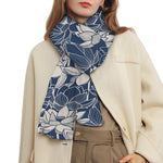 White And Blue Lotus Flower Print Scarf