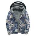 White And Blue Lotus Flower Print Sherpa Lined Zip Up Hoodie