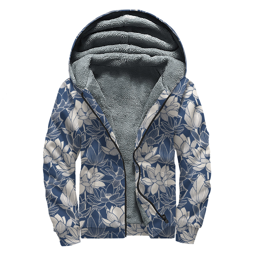 White And Blue Lotus Flower Print Sherpa Lined Zip Up Hoodie