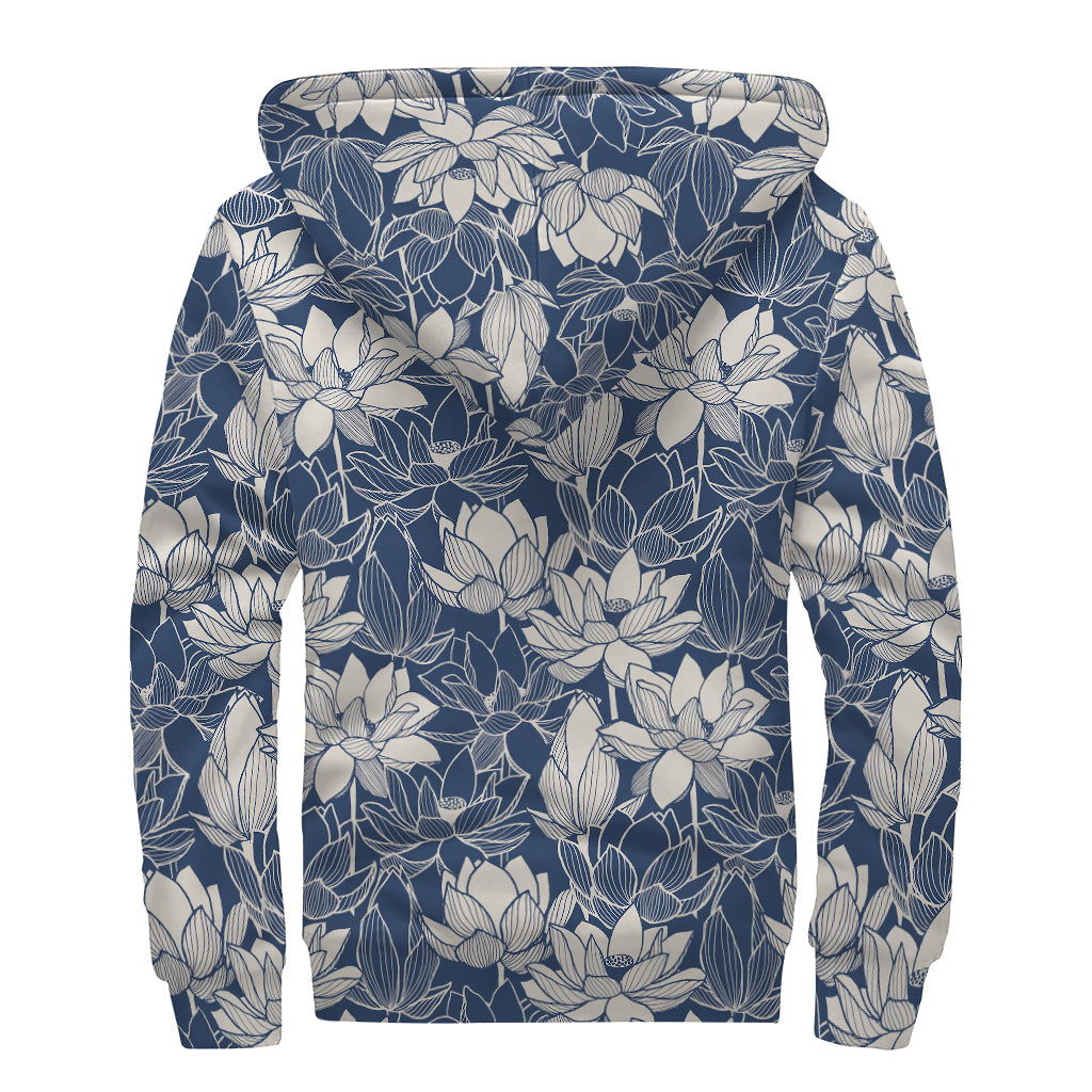 White And Blue Lotus Flower Print Sherpa Lined Zip Up Hoodie