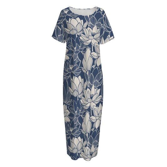 White And Blue Lotus Flower Print Short Sleeve Long Nightdress