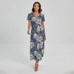 White And Blue Lotus Flower Print Short Sleeve Maxi Dress