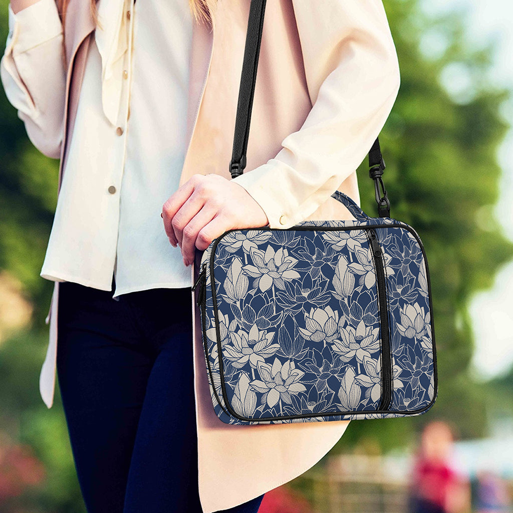 White And Blue Lotus Flower Print Shoulder Strap Bible Bag