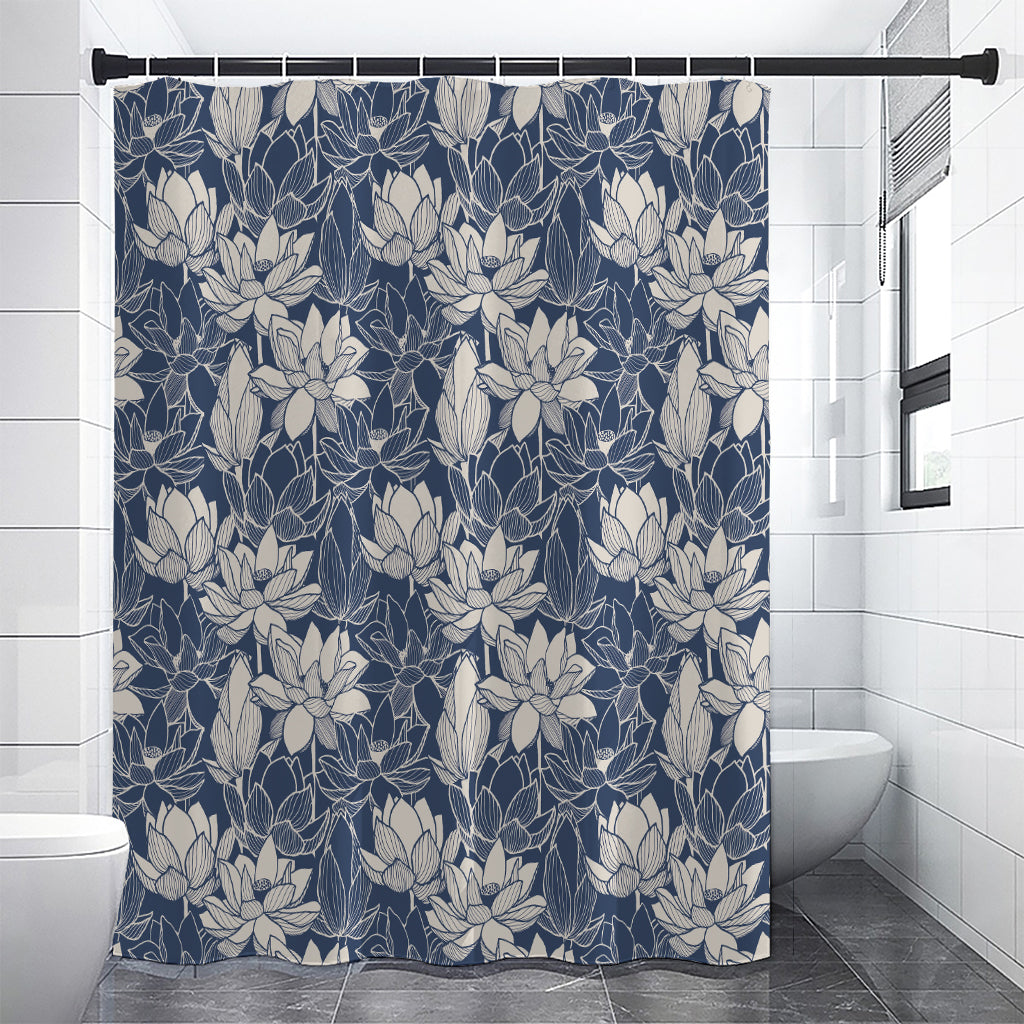 White And Blue Lotus Flower Print Shower Curtain