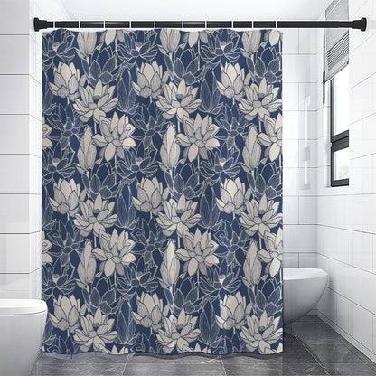 White And Blue Lotus Flower Print Shower Curtain