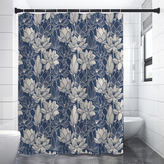 White And Blue Lotus Flower Print Shower Curtain