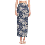 White And Blue Lotus Flower Print Side Slit Maxi Skirt