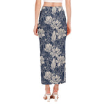 White And Blue Lotus Flower Print Side Slit Maxi Skirt