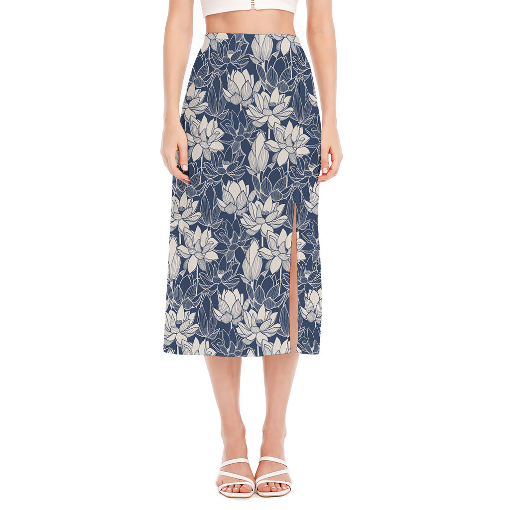 White And Blue Lotus Flower Print Side Slit Midi Skirt