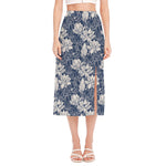 White And Blue Lotus Flower Print Side Slit Midi Skirt