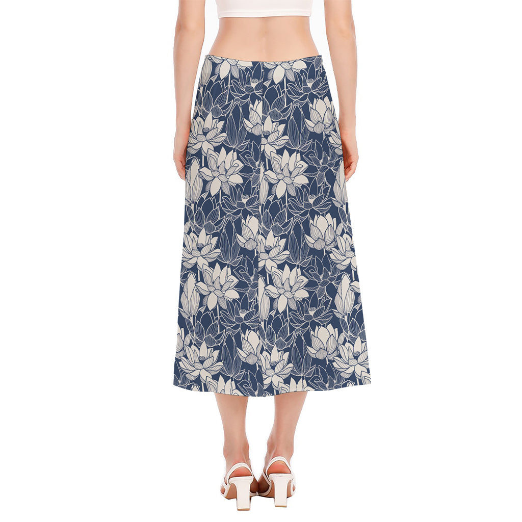 White And Blue Lotus Flower Print Side Slit Midi Skirt