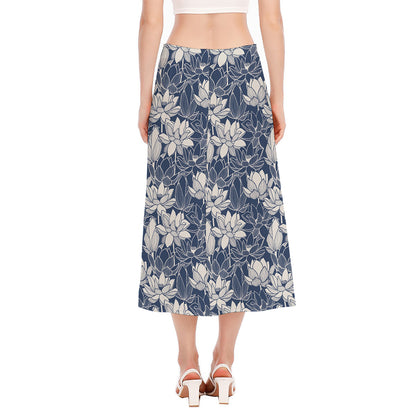 White And Blue Lotus Flower Print Side Slit Midi Skirt