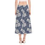 White And Blue Lotus Flower Print Side Slit Midi Skirt