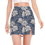 White And Blue Lotus Flower Print Side Slit Mini Skirt