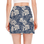 White And Blue Lotus Flower Print Side Slit Mini Skirt
