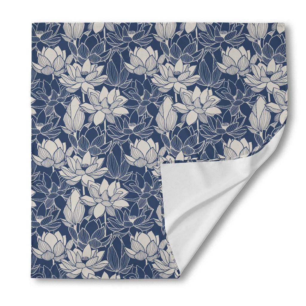 White And Blue Lotus Flower Print Silk Bandana