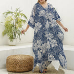 White And Blue Lotus Flower Print Silk V-Neck Kaftan Dress
