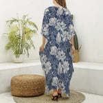 White And Blue Lotus Flower Print Silk V-Neck Kaftan Dress