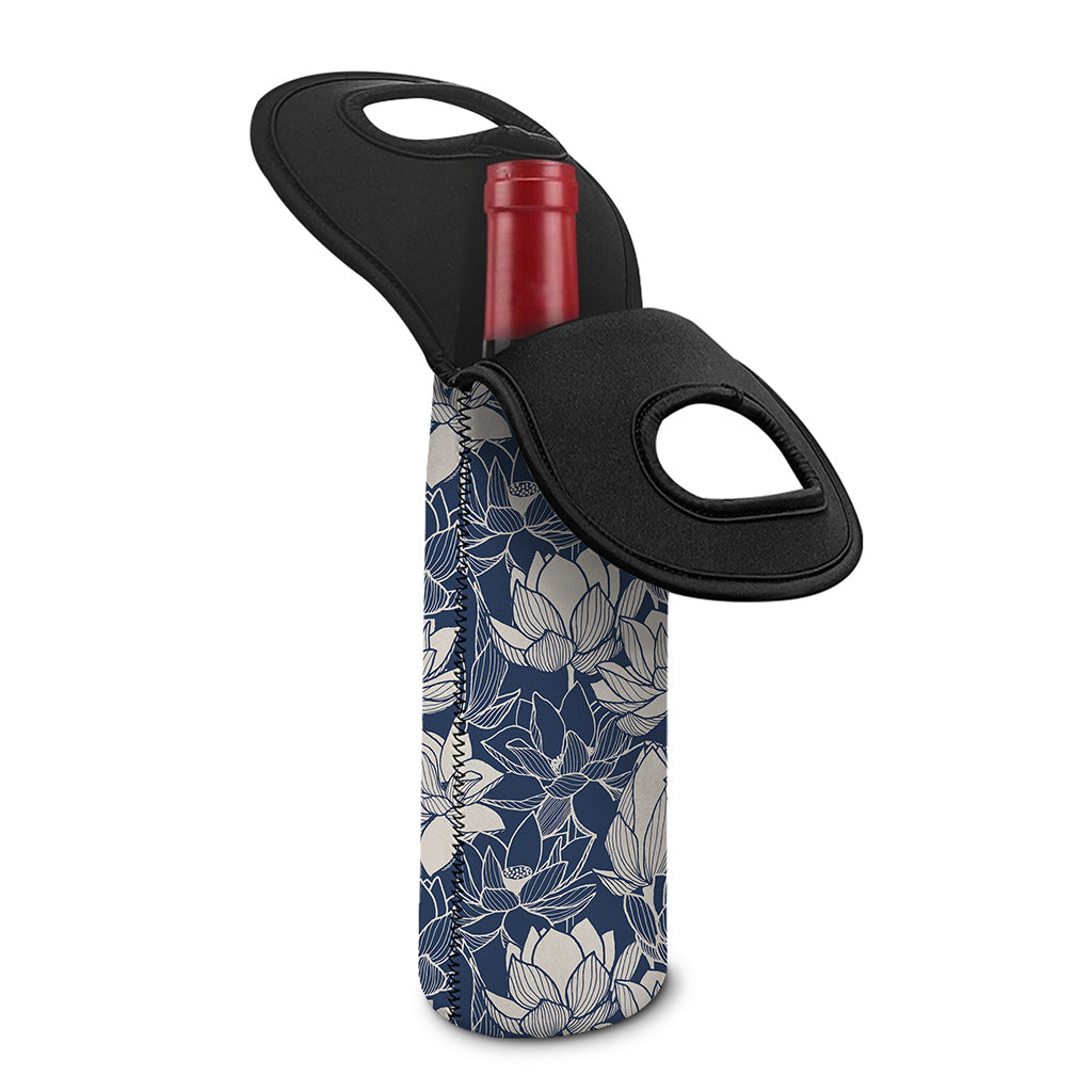 White And Blue Lotus Flower Print Single Neoprene Wine Tote