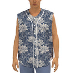 White And Blue Lotus Flower Print Sleeveless Baseball Jersey
