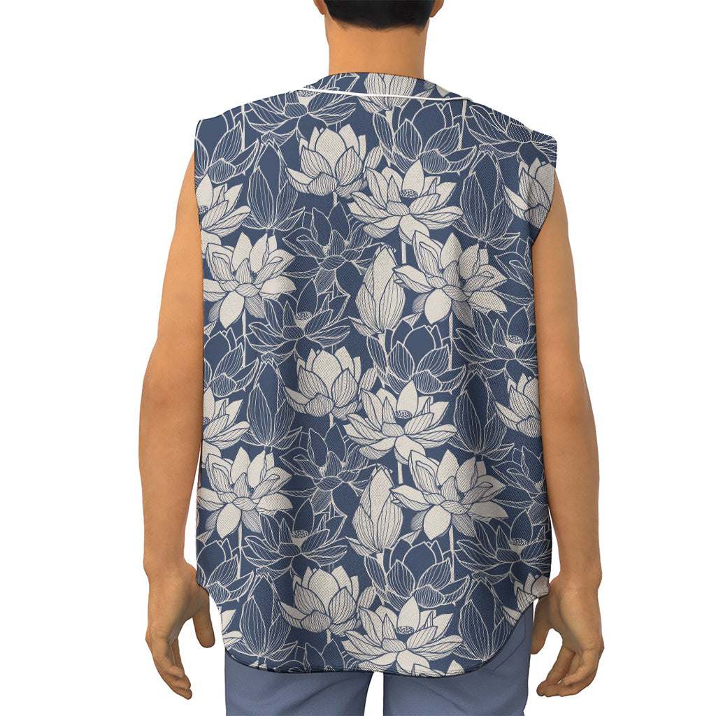 White And Blue Lotus Flower Print Sleeveless Baseball Jersey